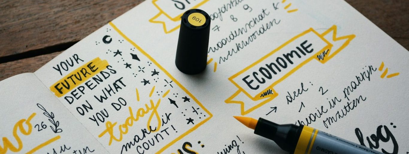 Handschriftliche Notizen mit dem Text „Deine Zukunft hängt von dem ab, was du heute tust“.
